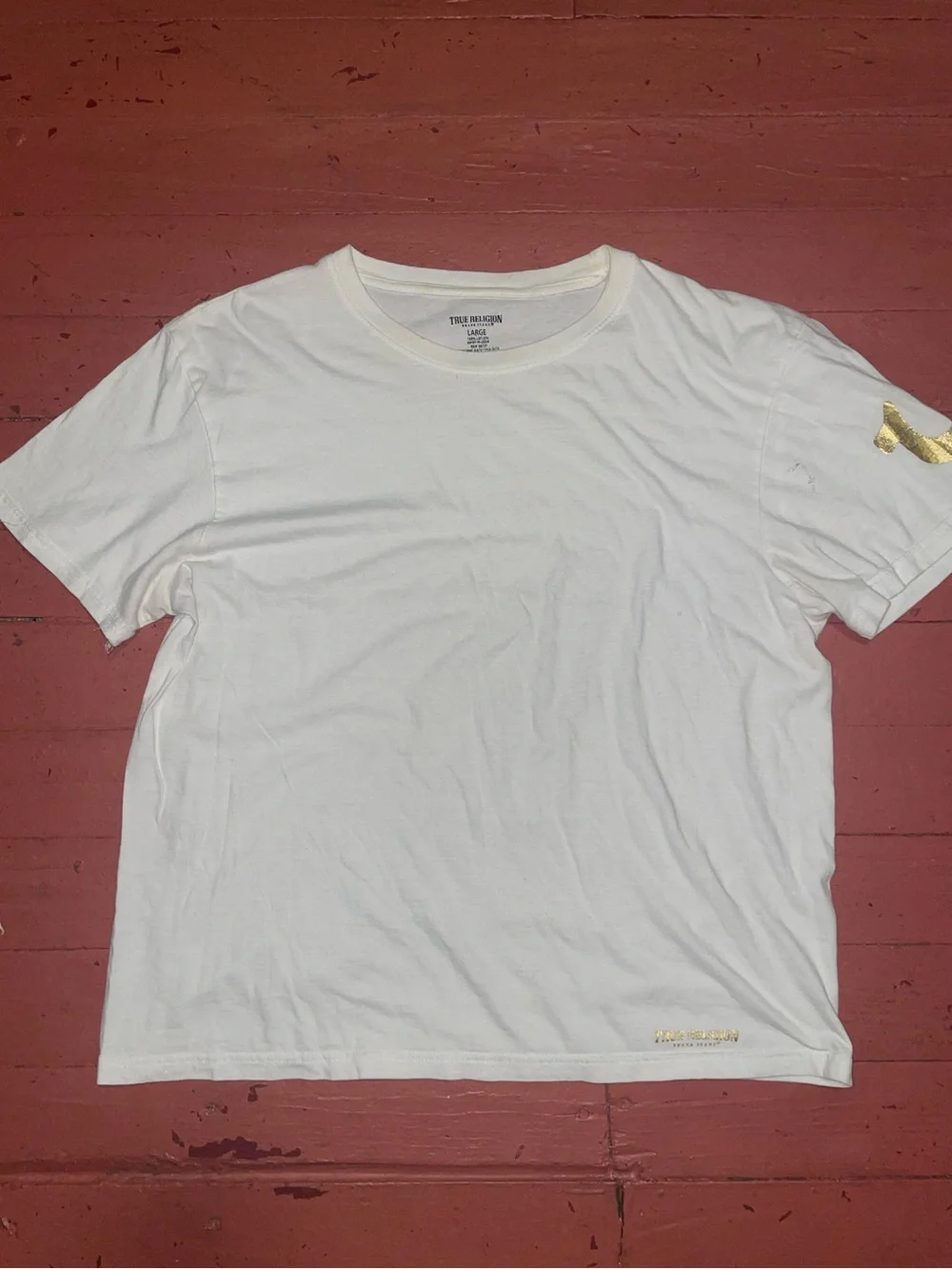True Religion White Short Sleeve Tee with Gold Logo Accents